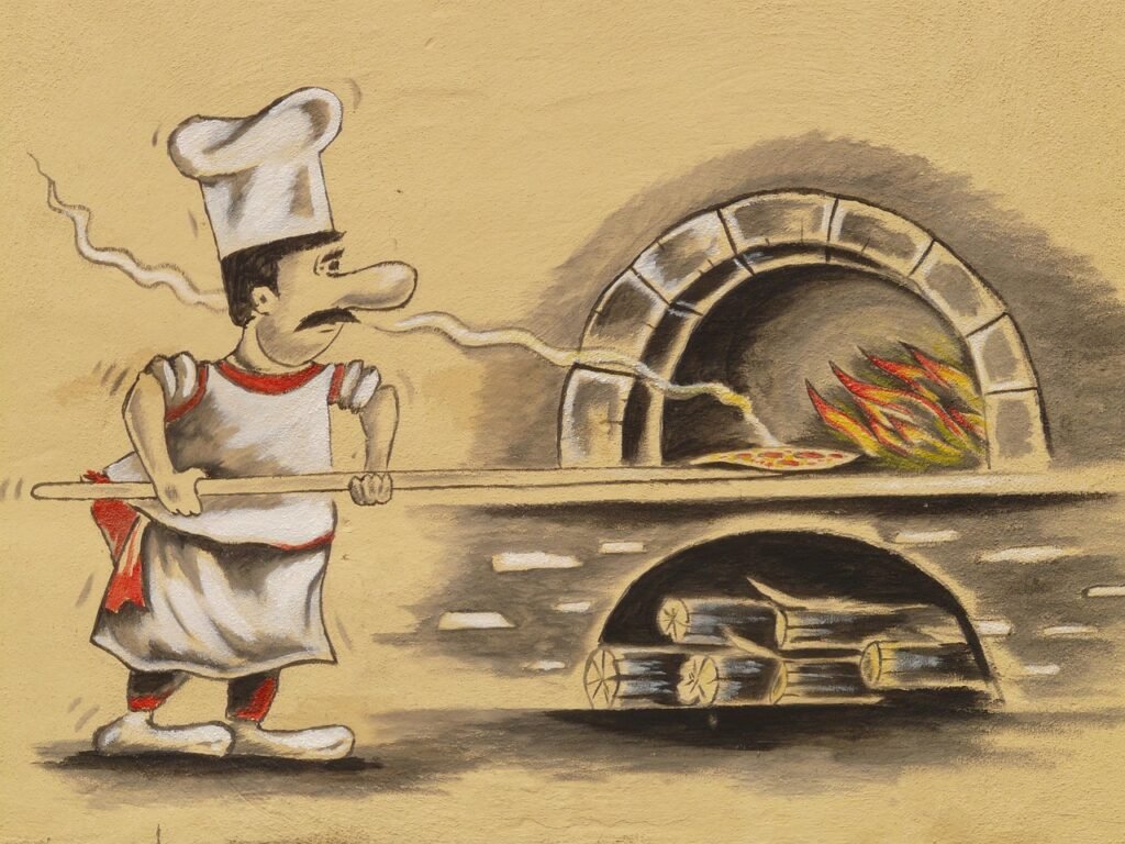 pizza maker, pizzeria, pizza oven, chef, pizza, to bake, drawing, cook, chef hat, wood stove, wood oven pizza, chef, pizza, pizza, pizza, pizza, pizza